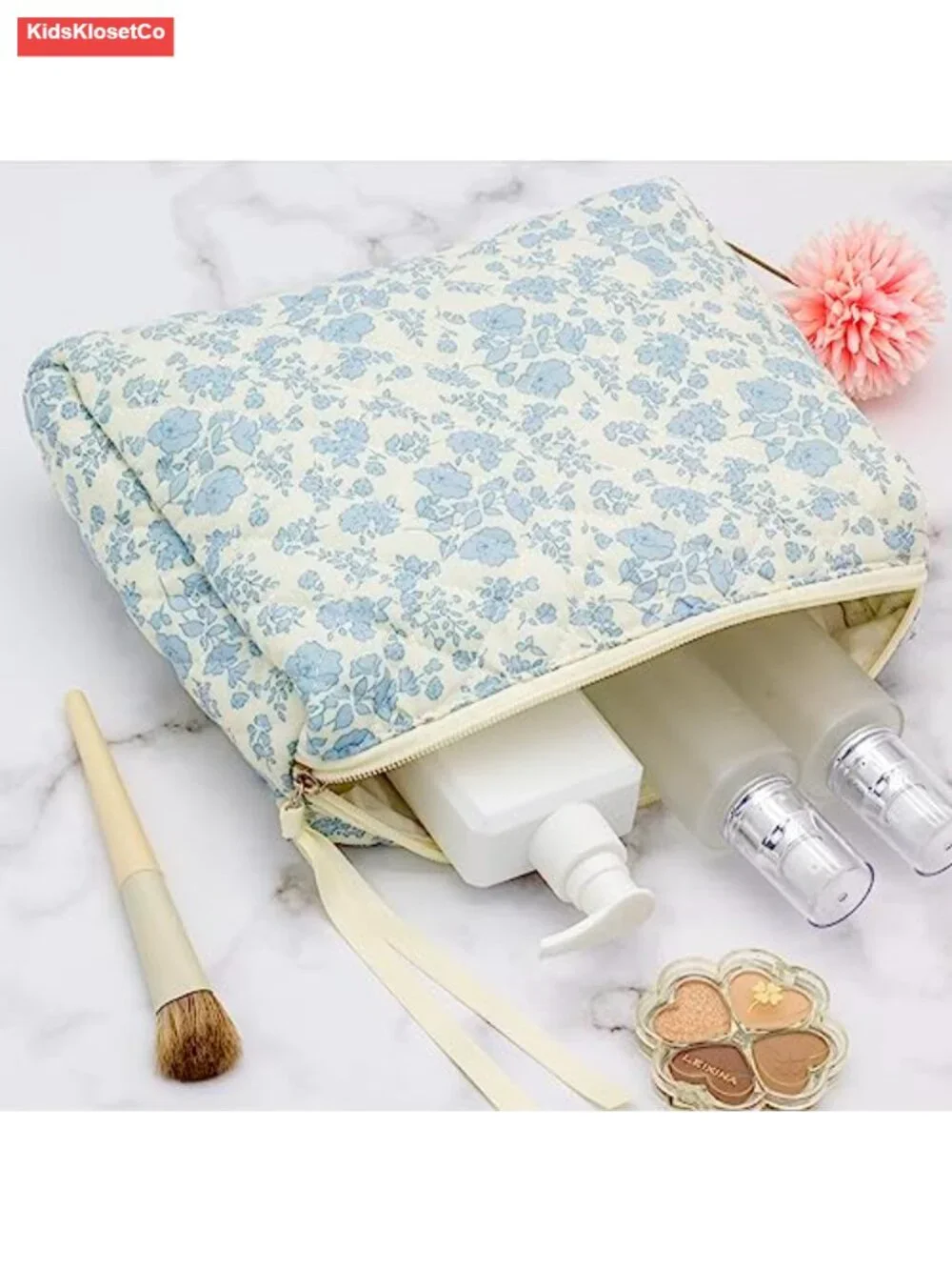 Quilted Cotton Makeup Bag Large Travel Cosmetic Organizer with Mesh Pocket